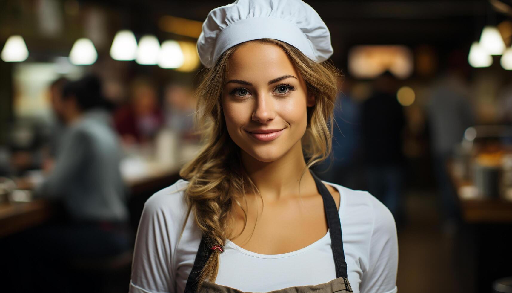 Young adult woman, confident and cheerful, standing in a kitchen generated by AI photo