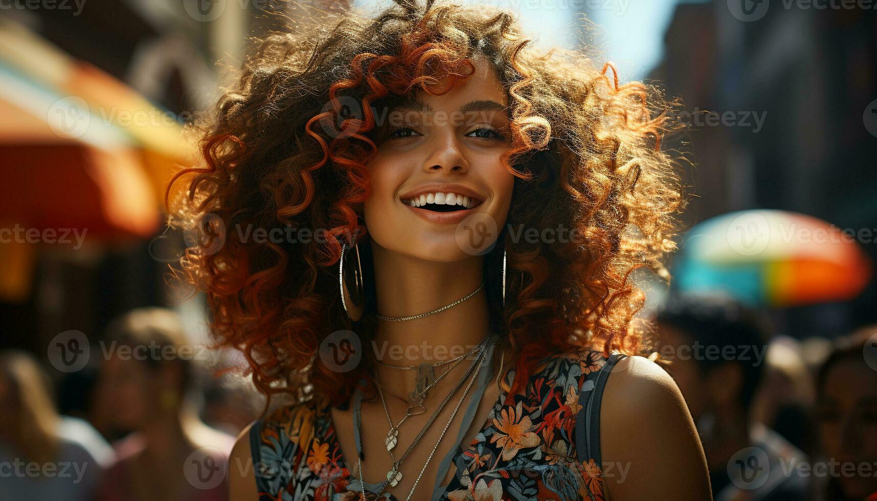 Young woman with curly hair smiling, looking at camera outdoors generated by AI photo