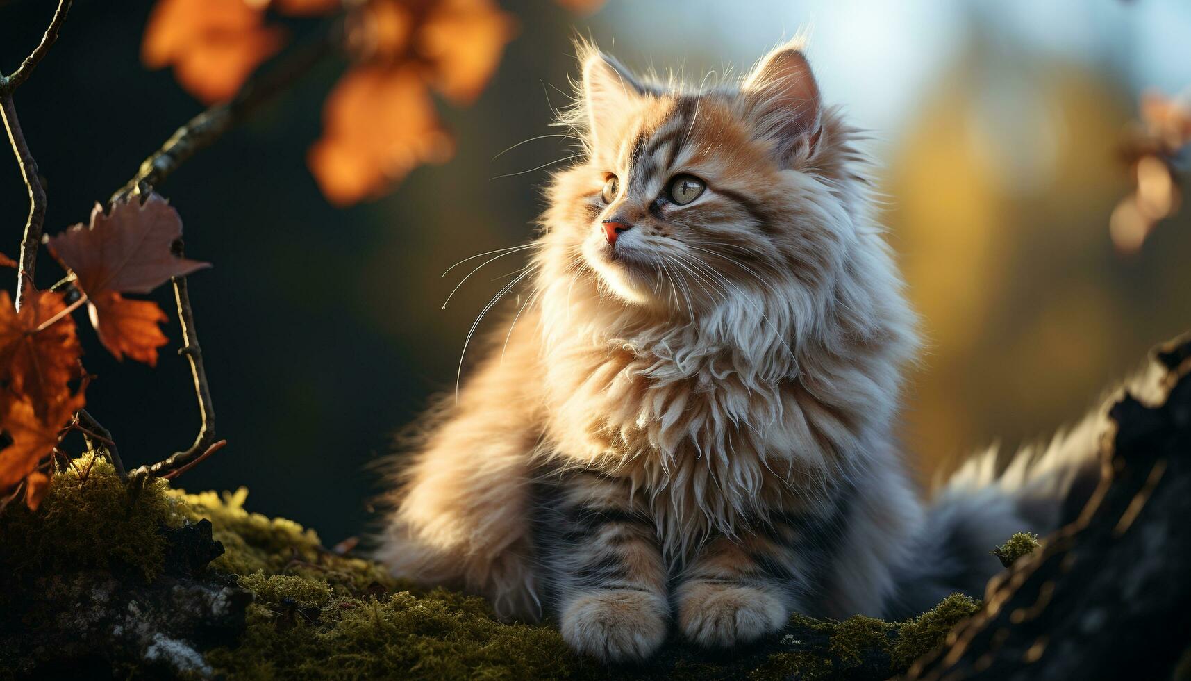 Cute kitten sitting on branch, looking at camera, outdoors generated by AI photo