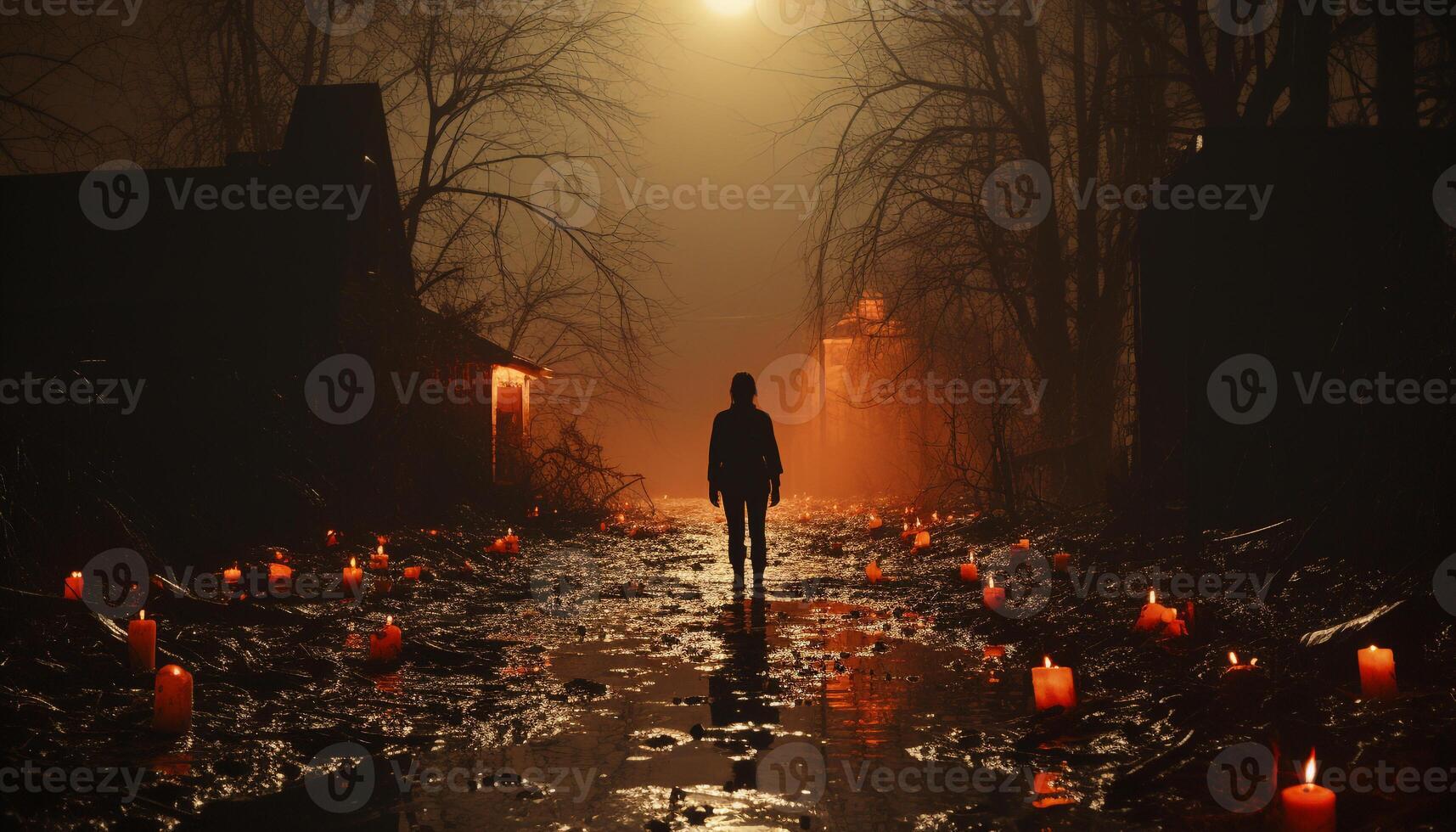 One person walking in dark forest, praying for spirituality generated by AI photo