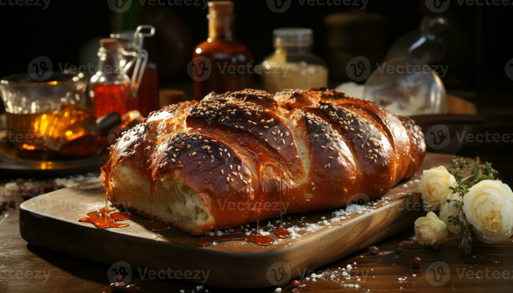 Freshly baked gourmet bread on rustic wood table, ready to eat meal generated by AI photo