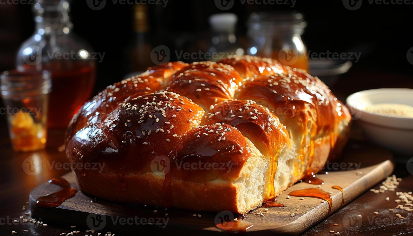 Freshly baked bread on wooden table, a delicious homemade snack generated by AI photo