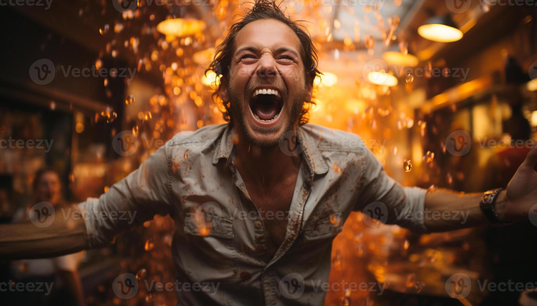 One man screaming with joy, celebrating outdoors at night generated by AI photo