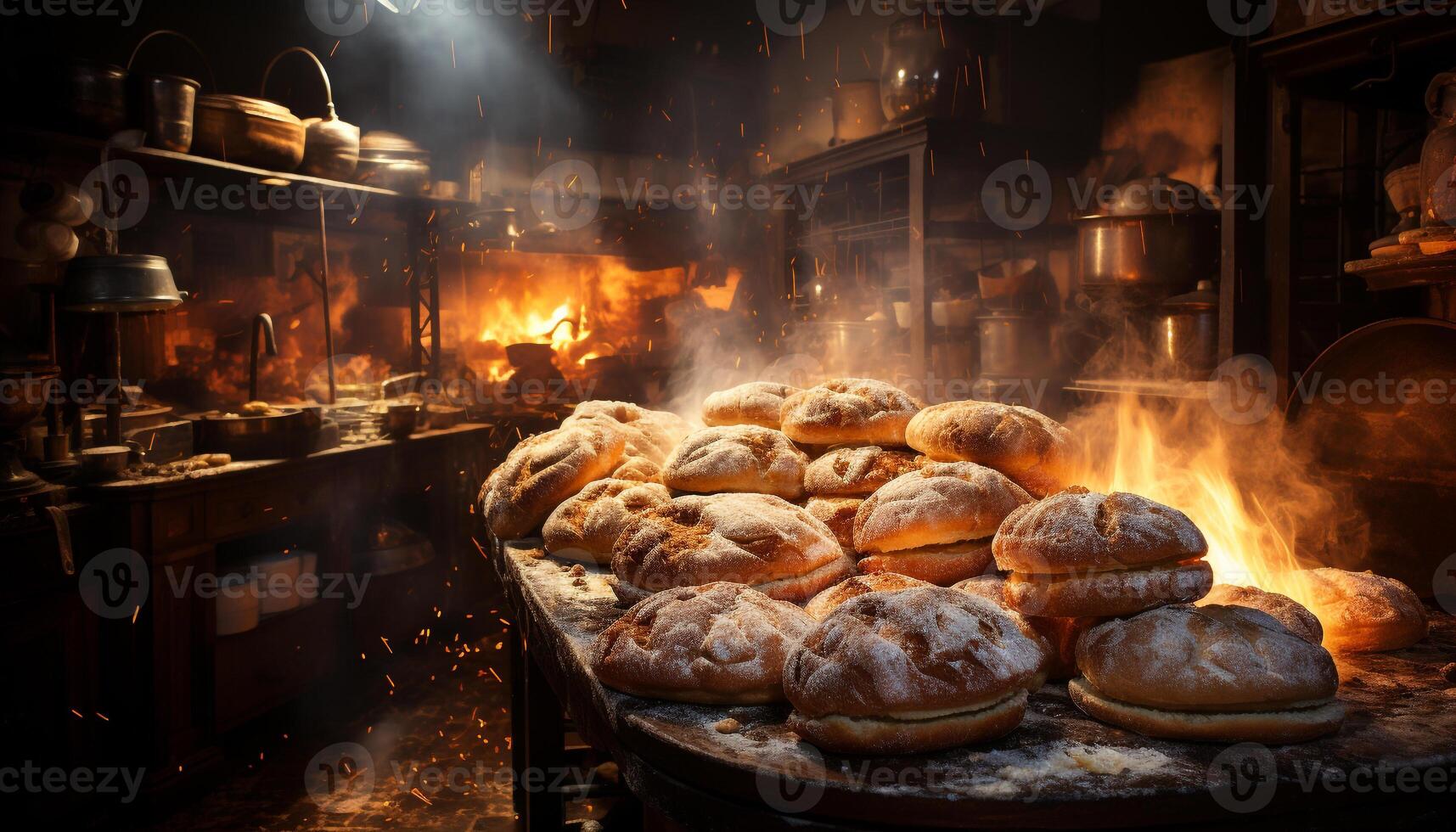 Working in a commercial kitchen, a craftsperson prepares a gourmet meal, baking fresh bread in a wood fired oven generated by AI photo