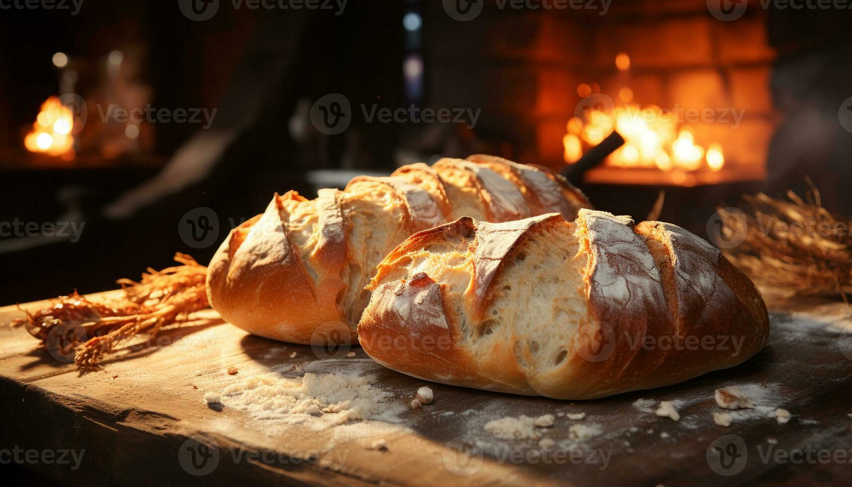 recién horneado un pan en un rústico mesa, Listo a comer y delicioso generado por ai foto