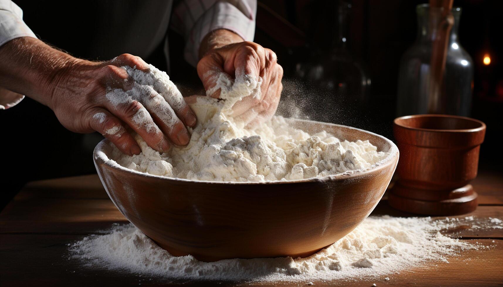 One person preparing homemade bread, kneading dough on wooden table generated by AI photo