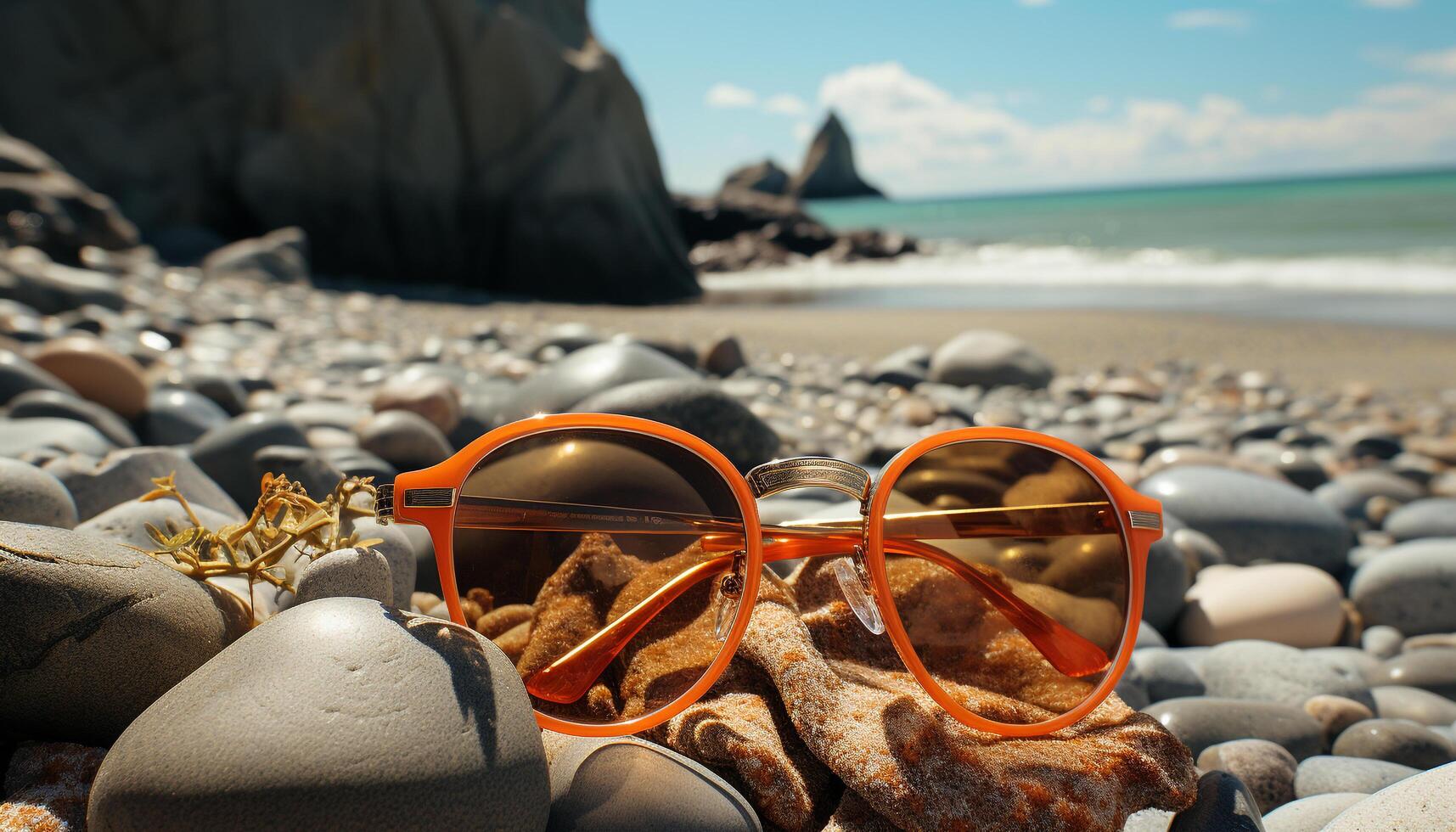 Gafas de sol en roca, verano calor, naturaleza belleza, relajación por agua generado por ai foto