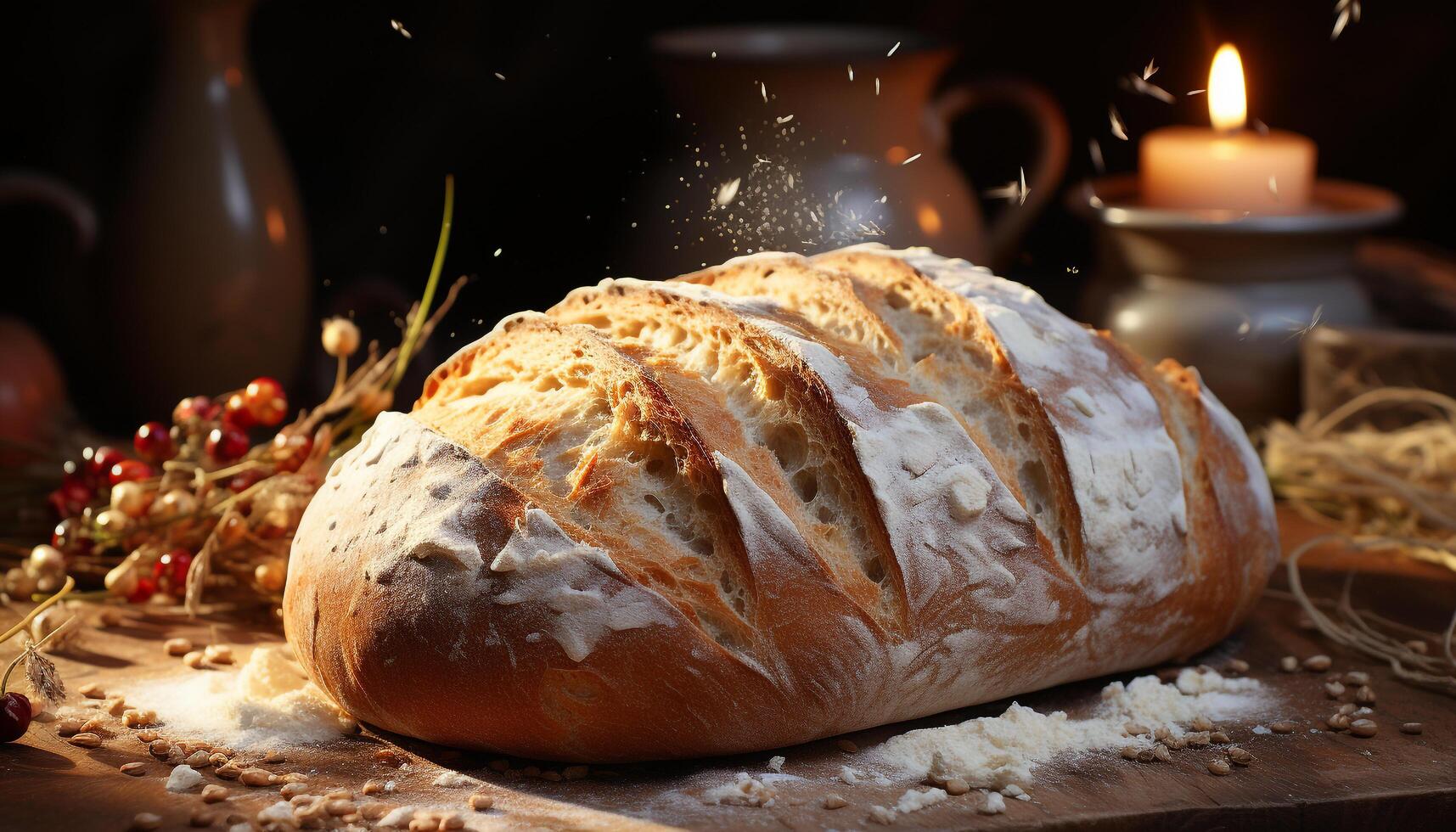 Freshly baked homemade bread on rustic wooden table generated by AI photo