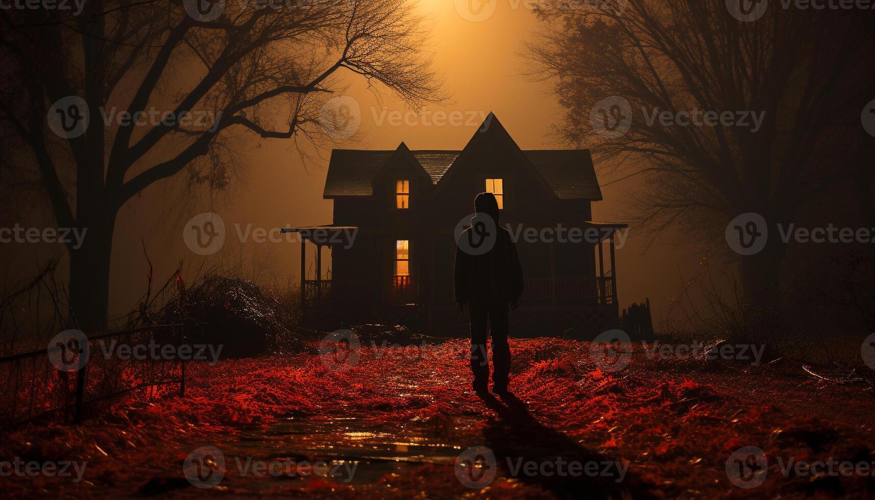 Men walking in a spooky forest at night, surrounded by fog generated by AI photo