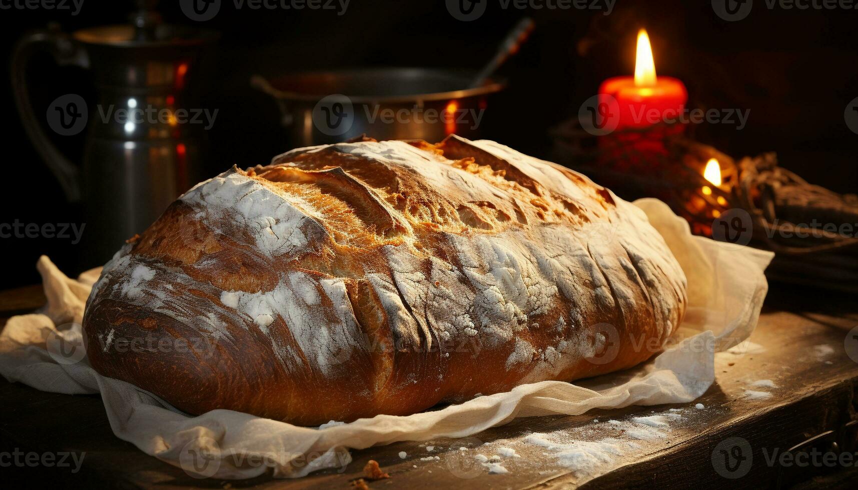Homemade bread baked on wood table, a rustic gourmet delight generated by AI photo