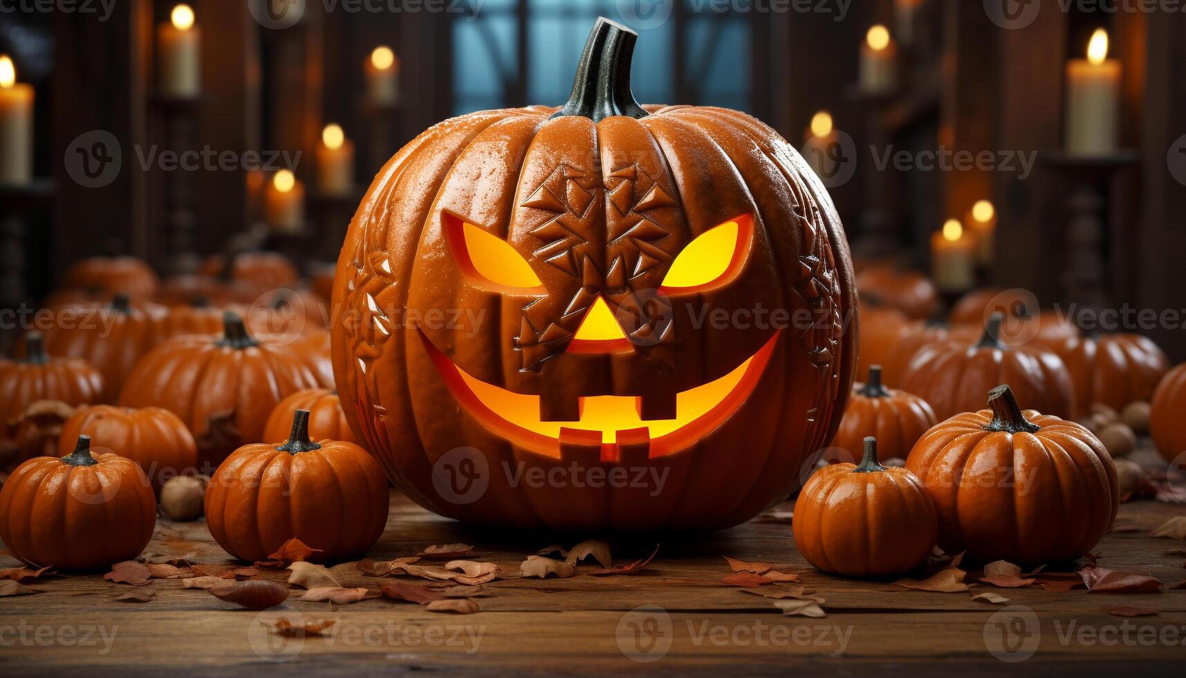 Spooky Halloween lantern glowing in the dark, autumn decoration generated by AI photo
