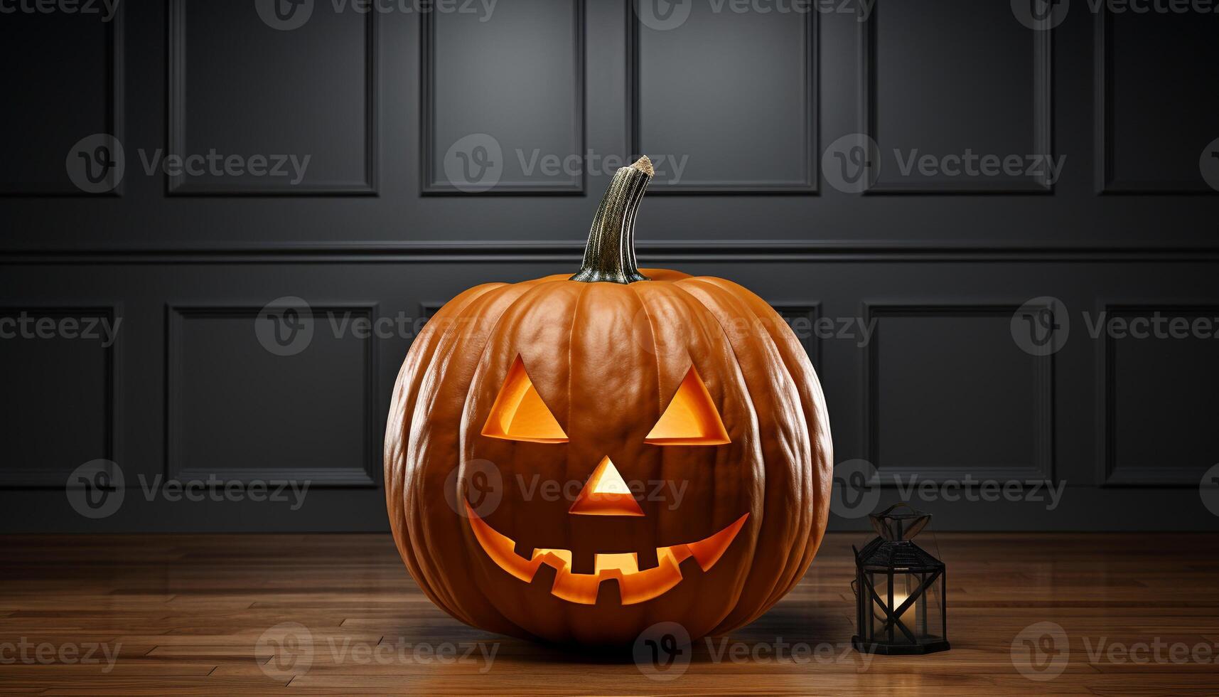 Glowing pumpkin lantern illuminates spooky Halloween celebration in autumn generated by AI photo