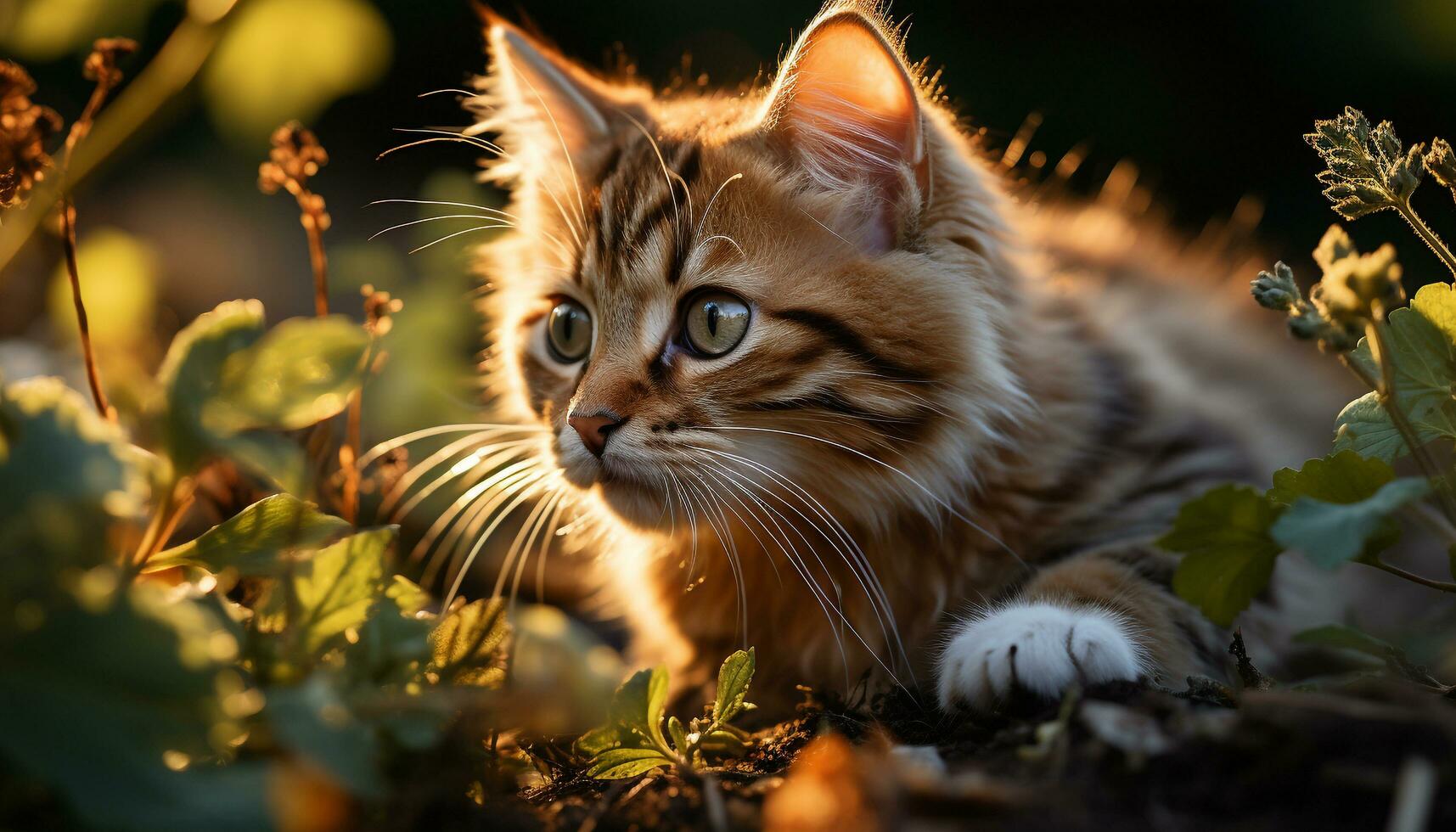 Cute kitten sitting in grass, staring at camera with curiosity generated by AI photo