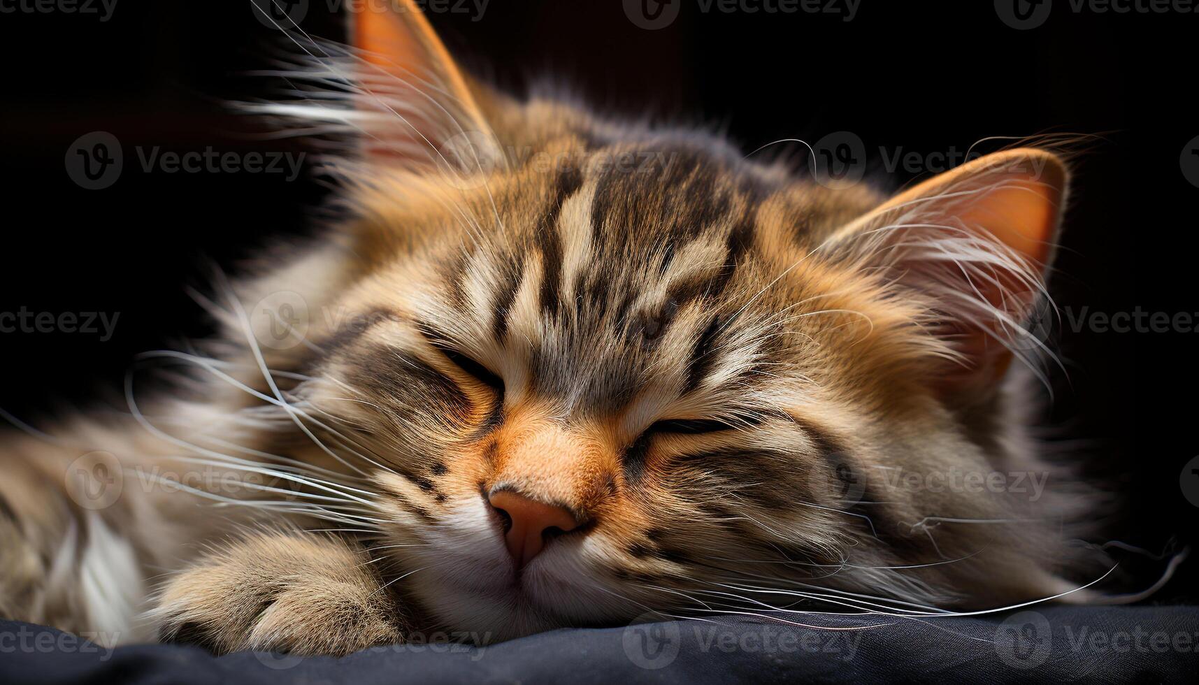 linda gatito durmiendo, mullido pelo, curioso con amarillo ojos generado por ai foto