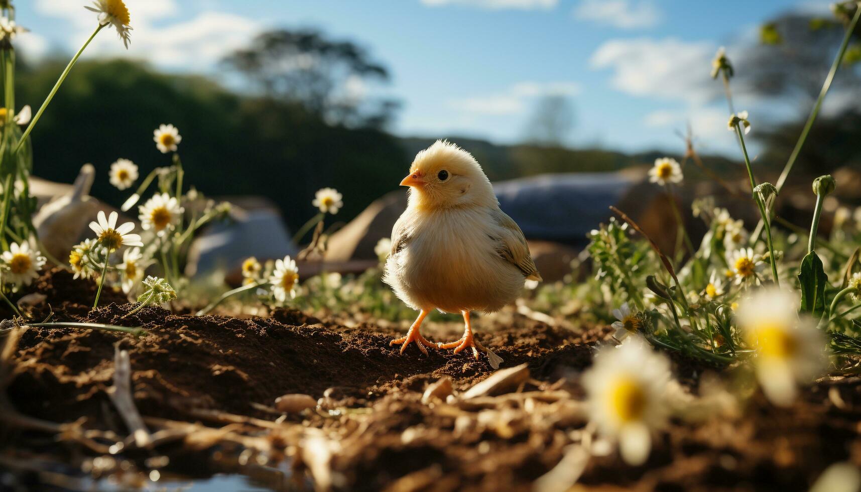 Cute yellow baby chicken hatching in green meadow generated by AI photo