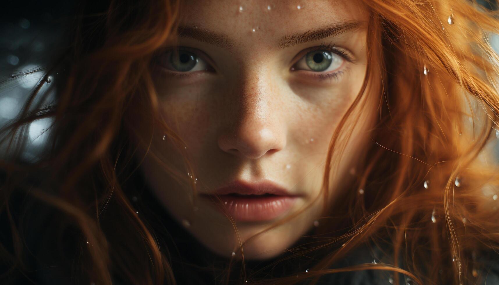 One woman, portrait, wet, beauty, looking at camera, outdoors generated by AI photo