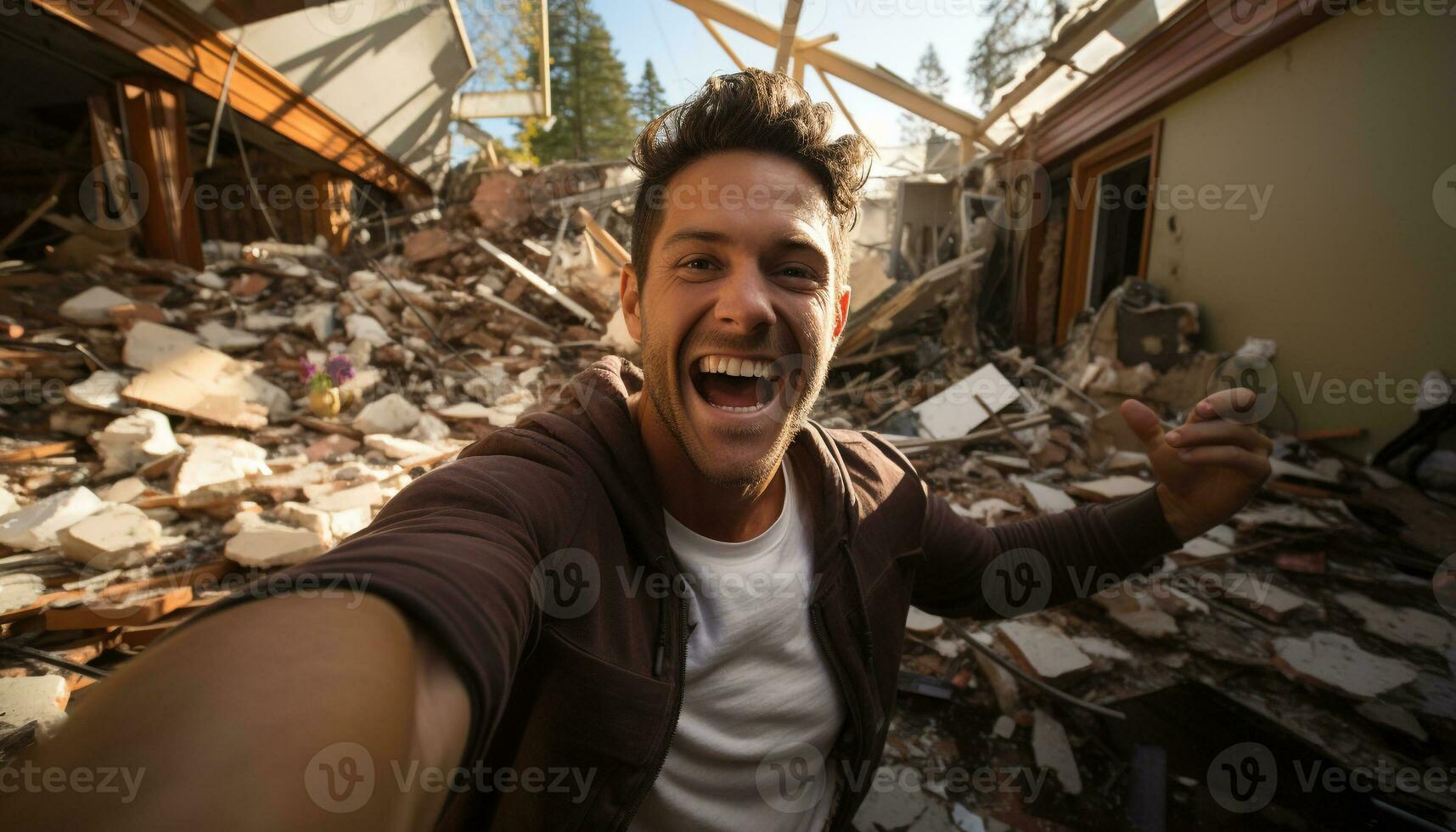 A cheerful man, holding a phone, smiling outdoors, enjoying nature generated by AI photo