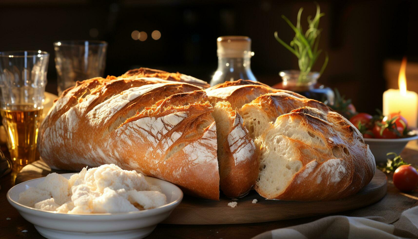 recién horneado hecho en casa un pan en de madera mesa, un gastrónomo comida generado por ai foto