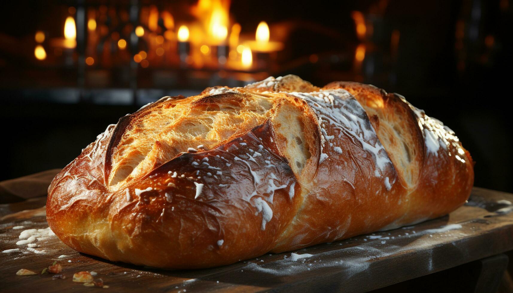 Freshly baked bread on a rustic table, ready to eat goodness generated by AI photo