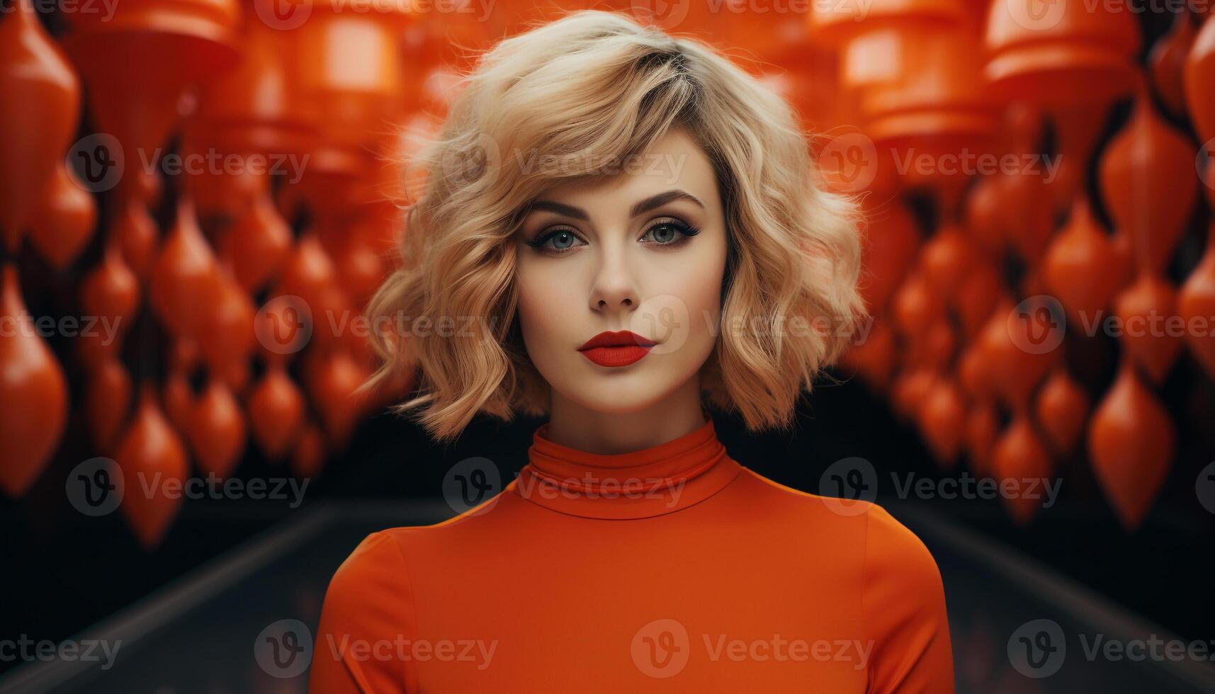 Young woman with blond hair looking at camera in fashion store generated by AI photo