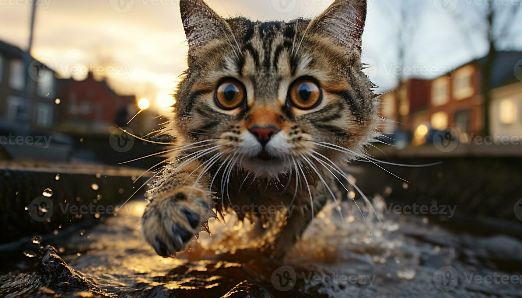 Cute kitten playing in the snow, staring at the camera generated by AI photo