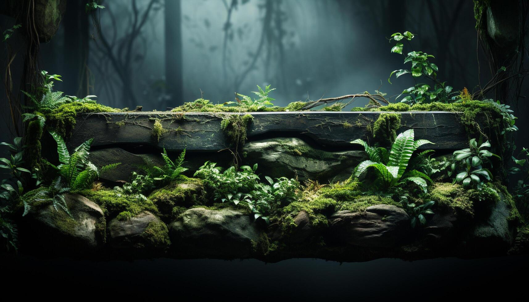 Mysterious tropical rainforest dark, wet, spooky, tranquil, beauty in nature generated by AI photo