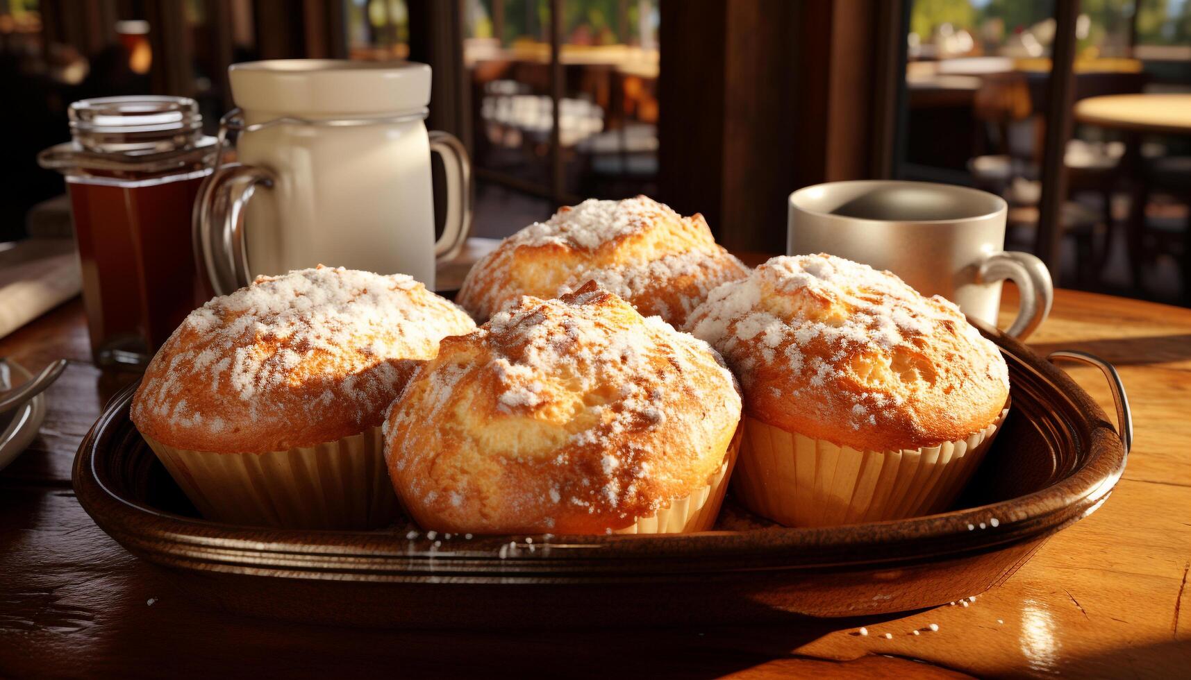 Homemade muffin and coffee on rustic wood table generated by AI photo