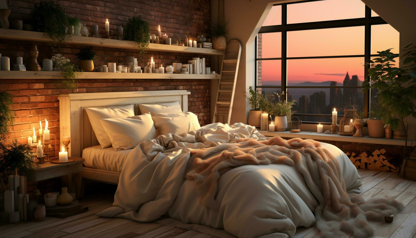 Cozy bedroom with modern design, comfortable bed, and illuminated window generated by AI photo