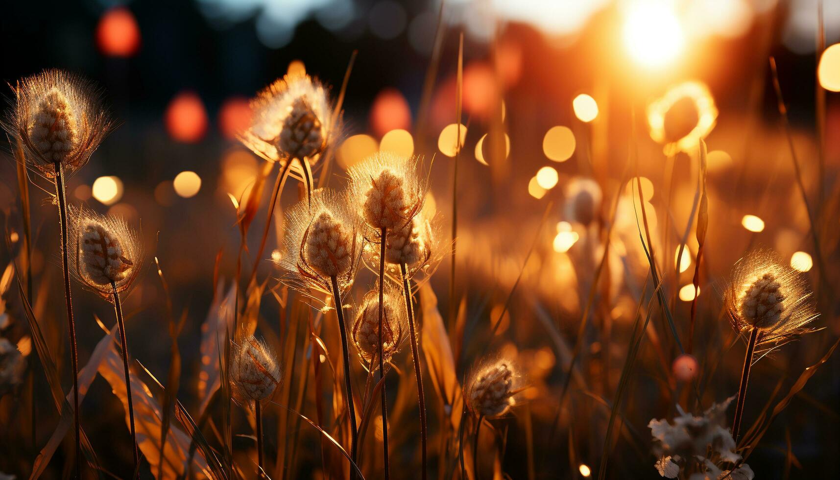 Sunset meadow, vibrant wildflowers illuminate nature beauty in summer generated by AI photo