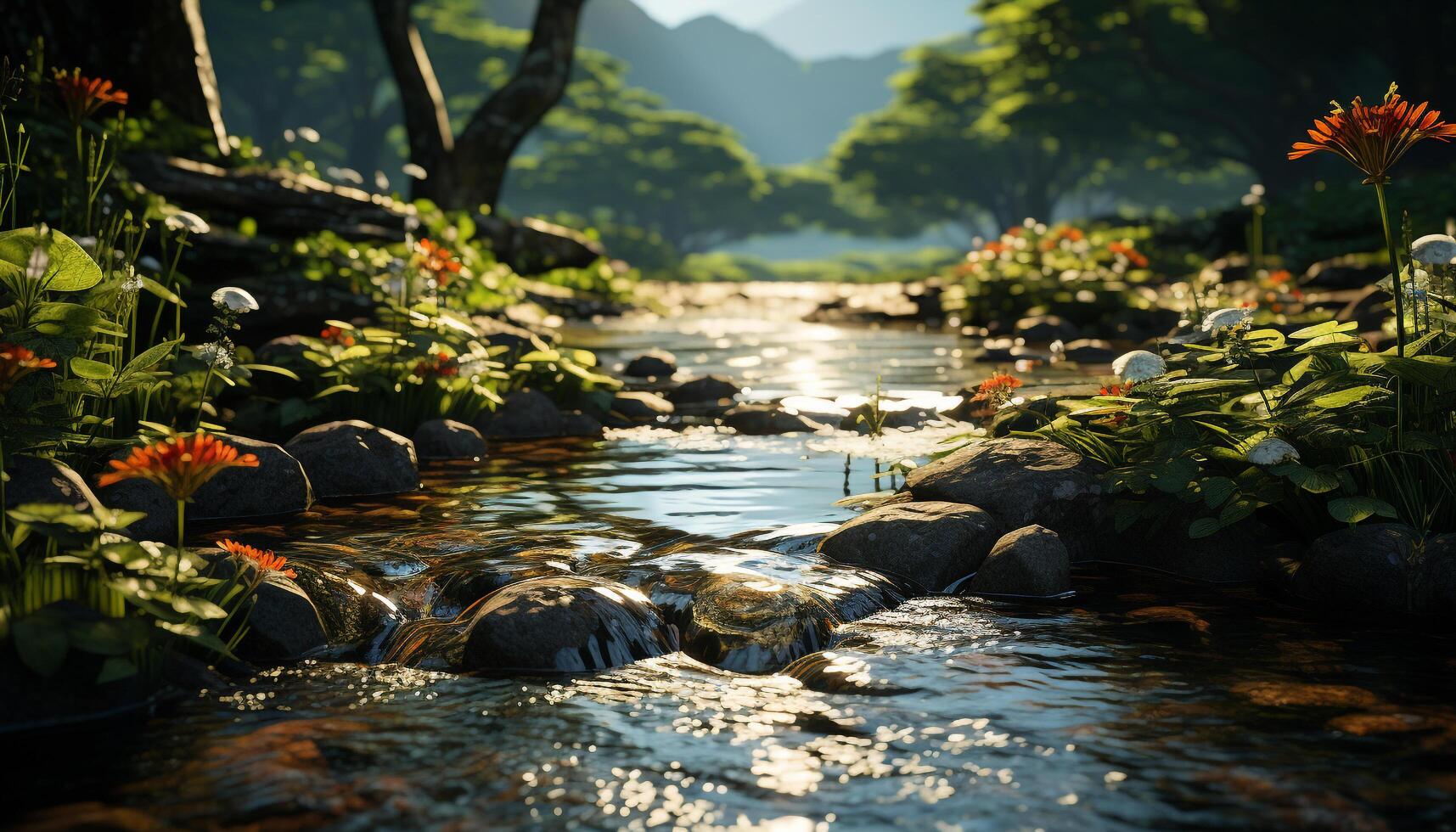 Tranquil scene green forest, flowing water, reflecting mountain range generated by AI photo