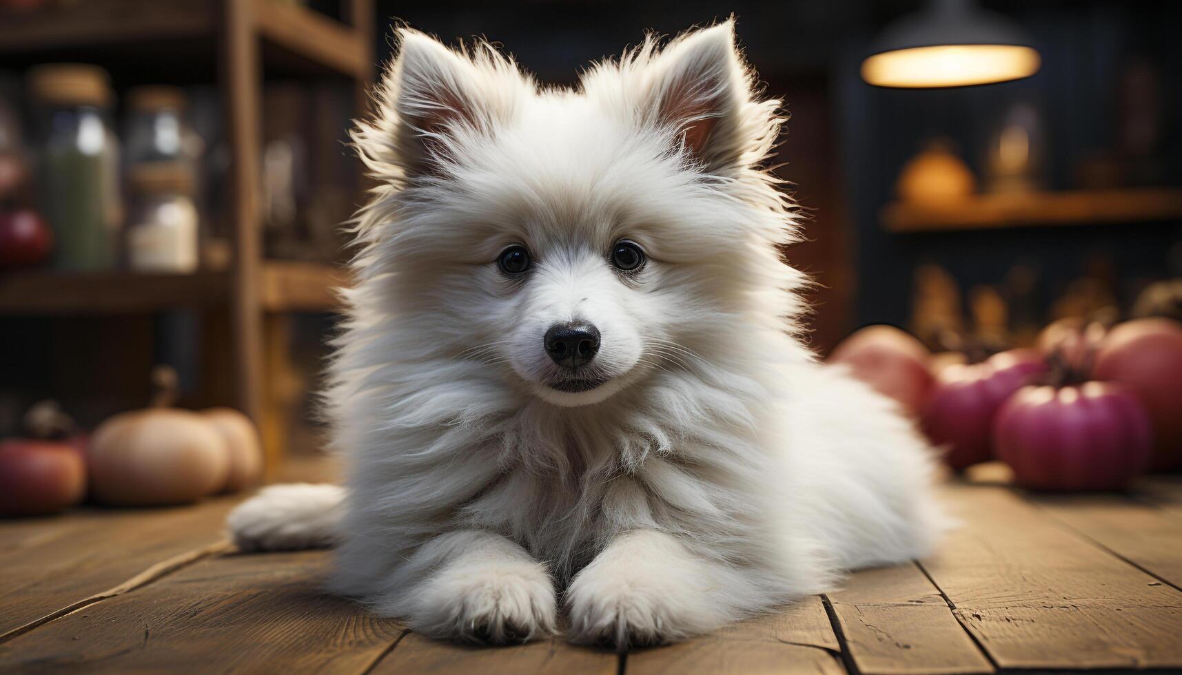 Cute puppy sitting on table, looking at camera, indoors generated by AI photo