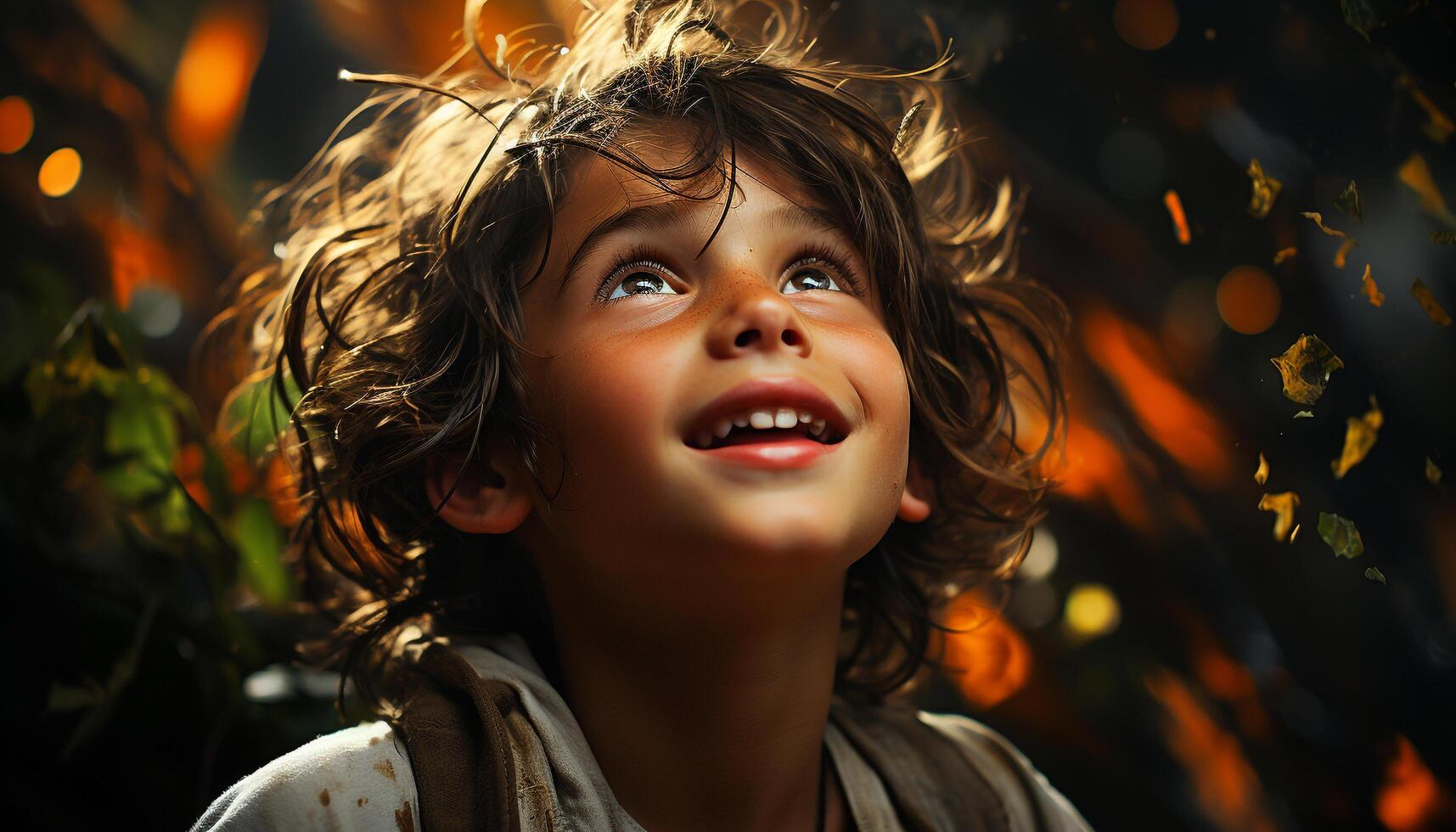 Smiling child enjoys nature, carefree and happy in the outdoors generated by AI photo