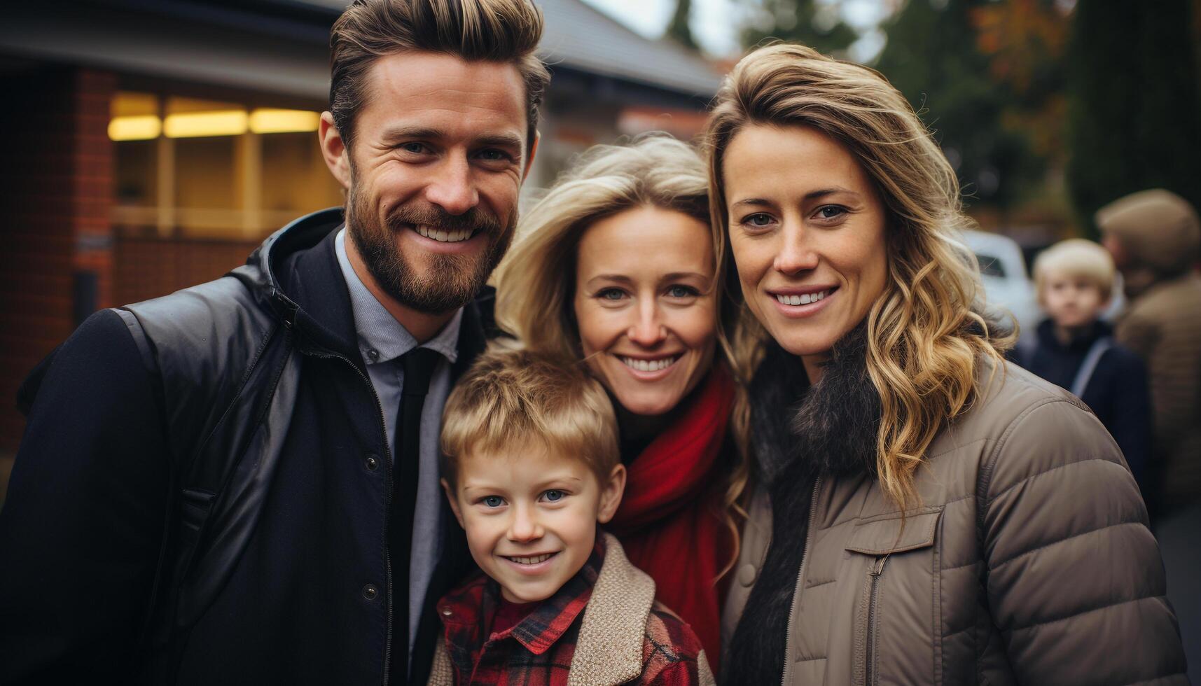 sonriente familia al aire libre, abrazando naturaleza, disfrutando invierno vacaciones juntos generado por ai foto