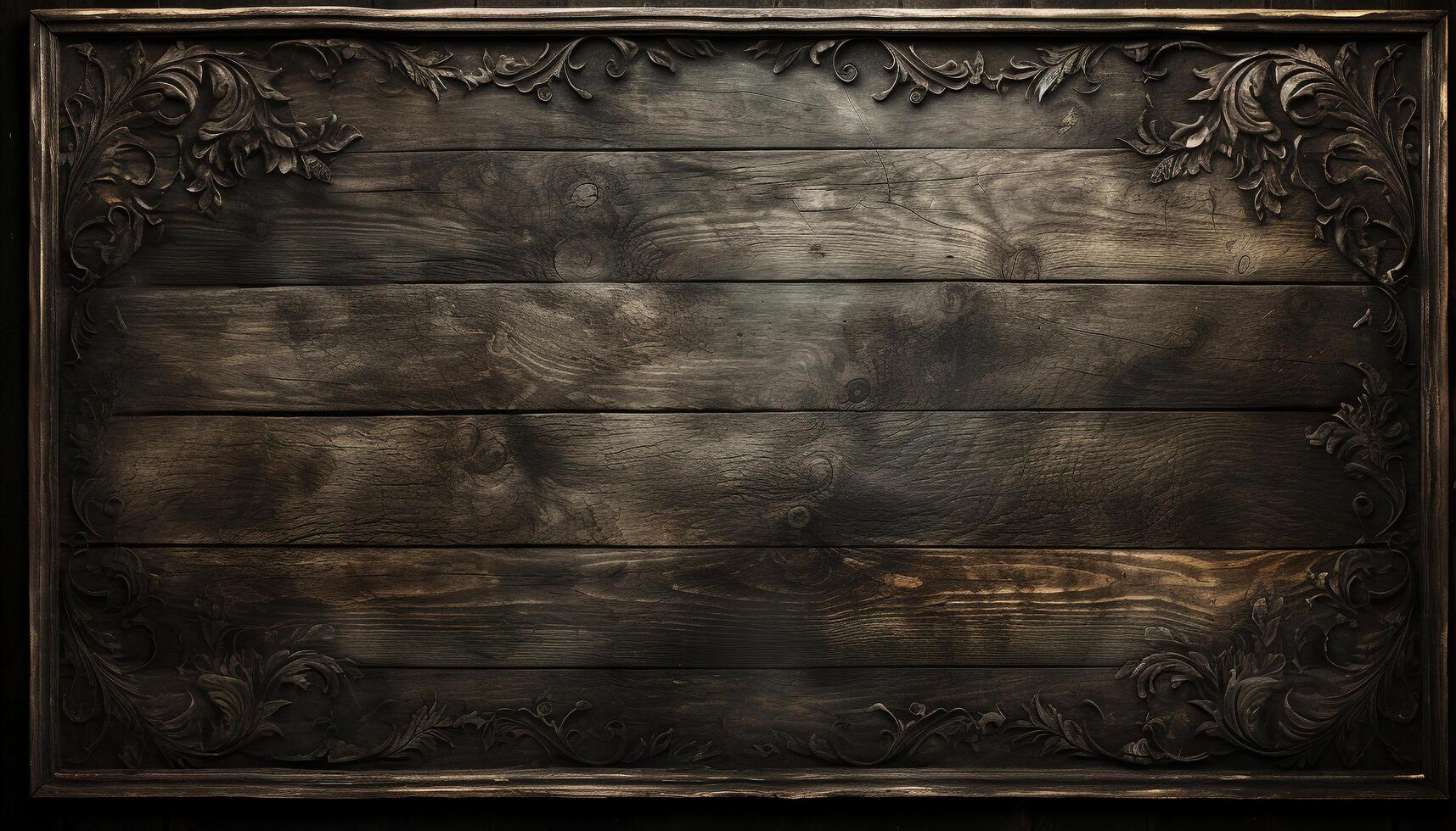 Rustic wood plank table, old fashioned decoration on ancient wall generated by AI photo