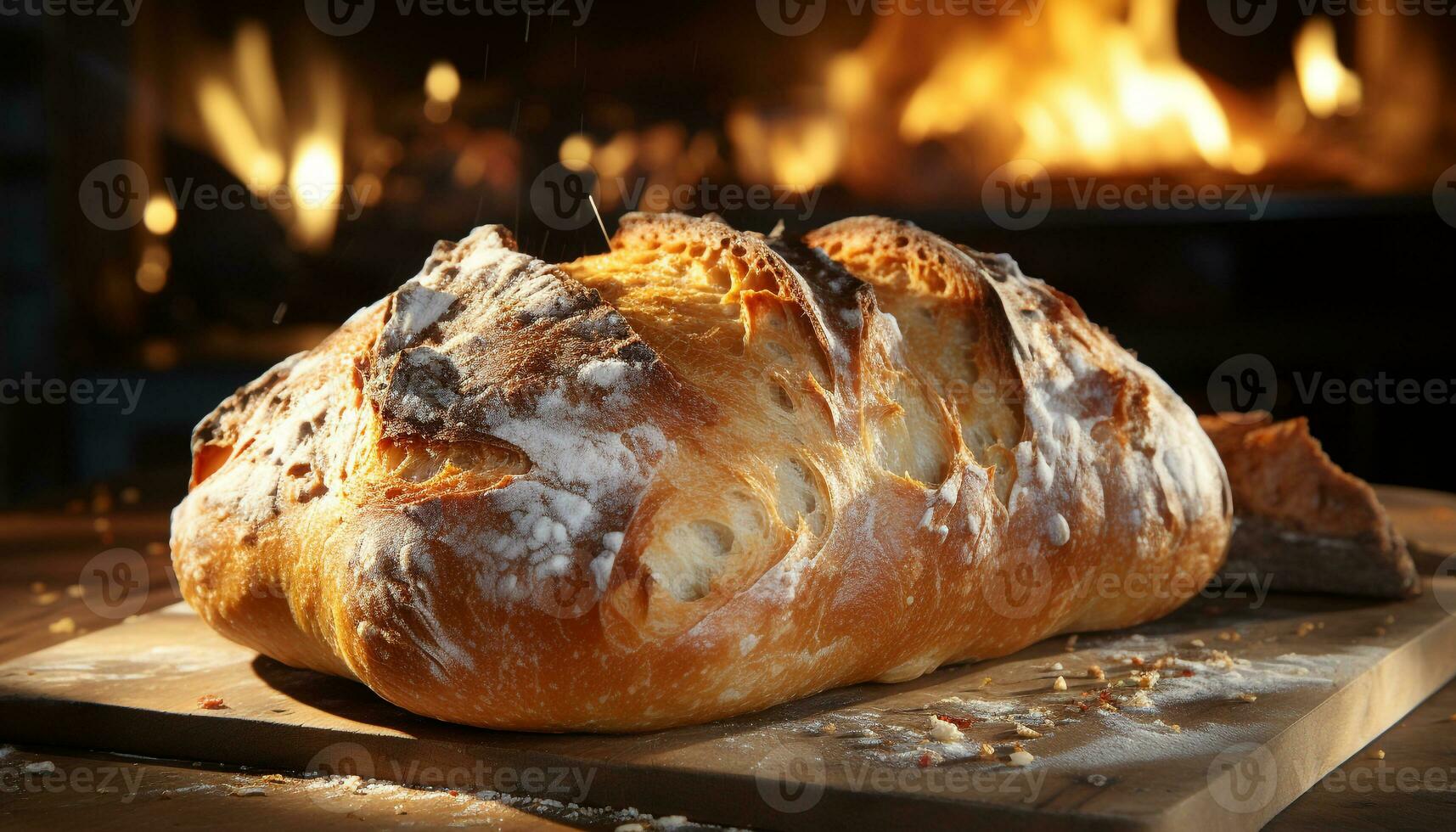 recién horneado un pan en un de madera mesa, Listo a comer y delicioso generado por ai foto