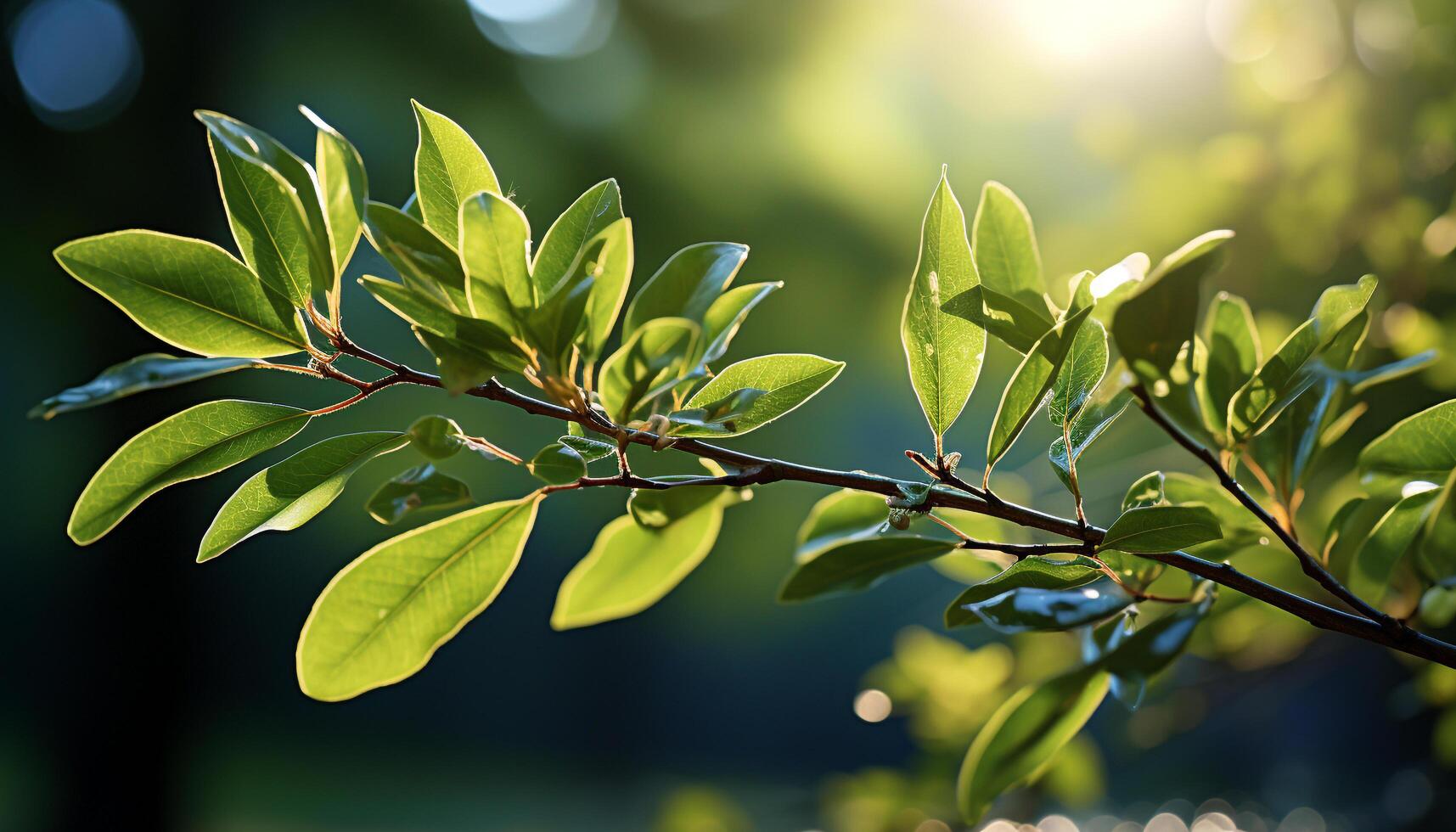 Fresh green leaves on tree branches in the vibrant forest generated by AI photo