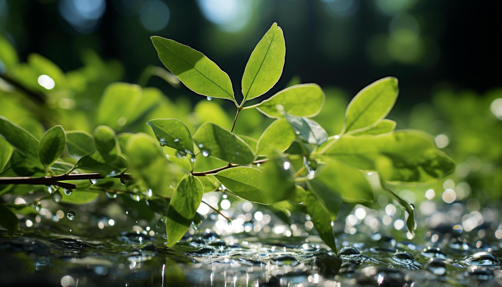 Fresh green leaves on a tree branch in the summer generated by AI photo