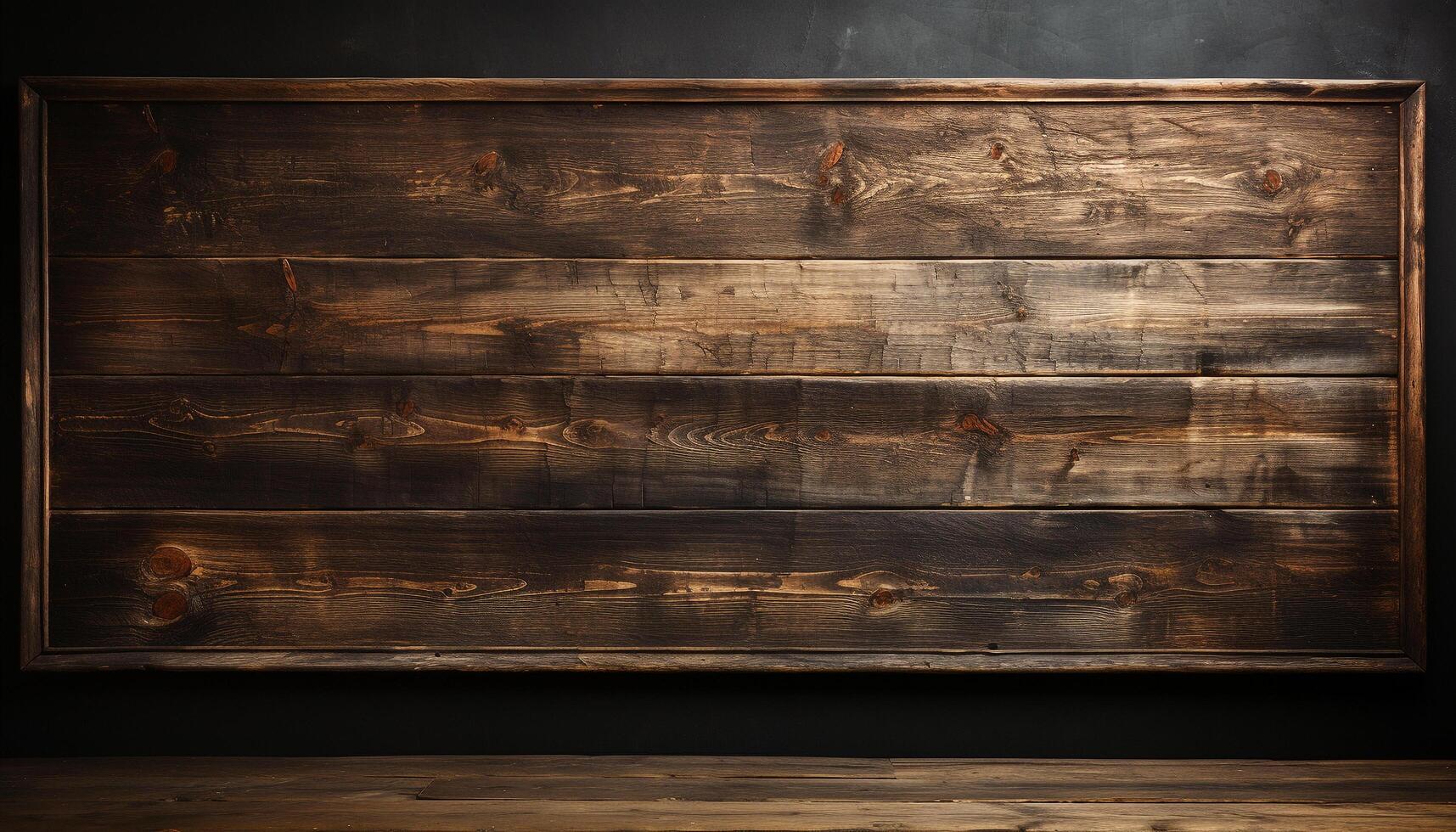 Old rustic wood plank table on dark grunge backdrop generated by AI photo