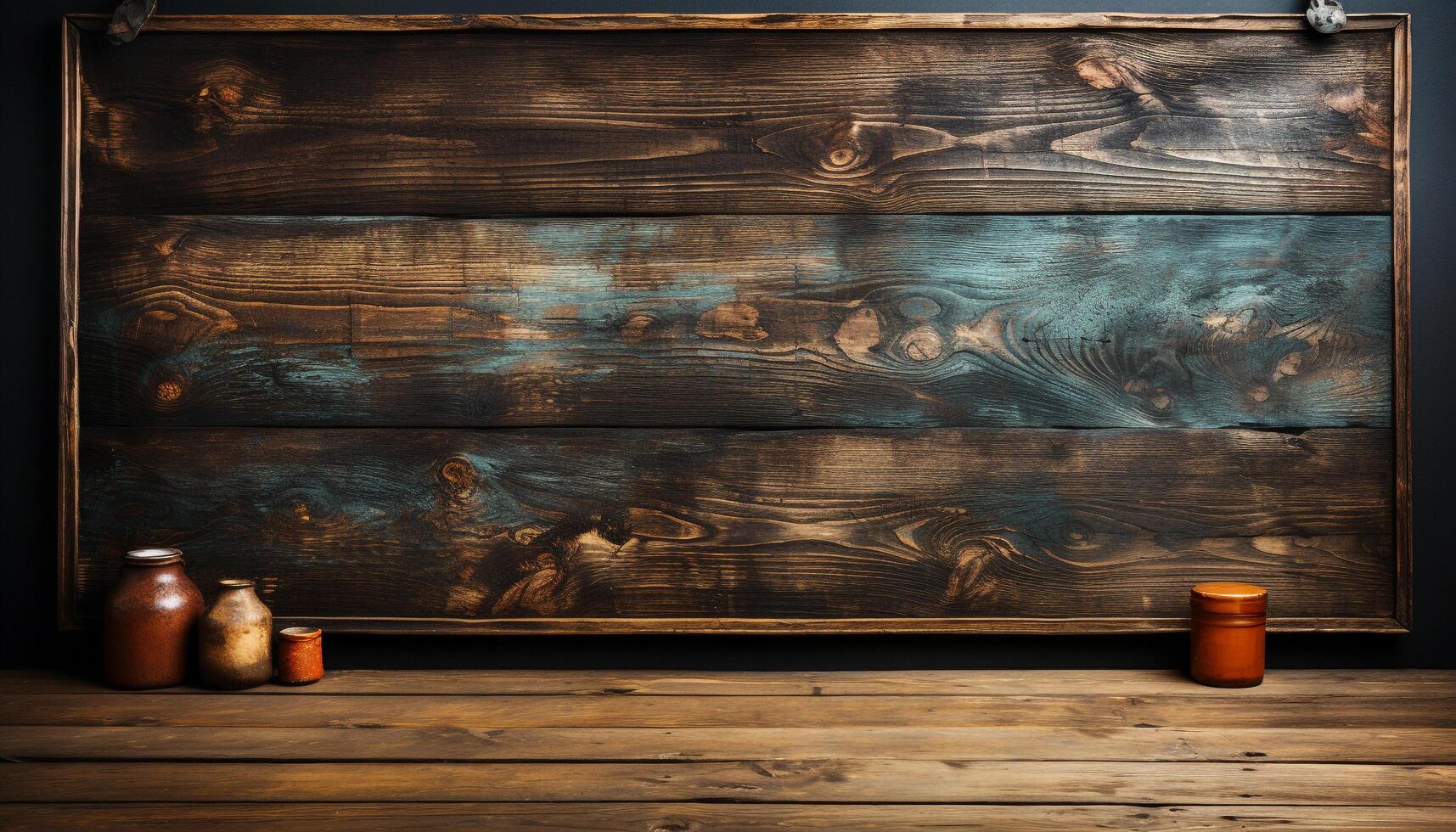 Rustic wood plank table, old and weathered, empty backdrop generated by AI photo