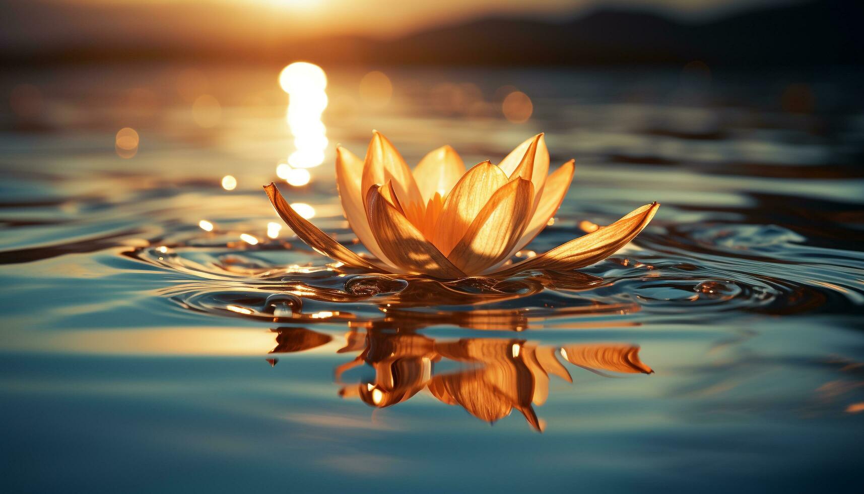 A single lotus flower reflects beauty in nature pond generated by AI photo