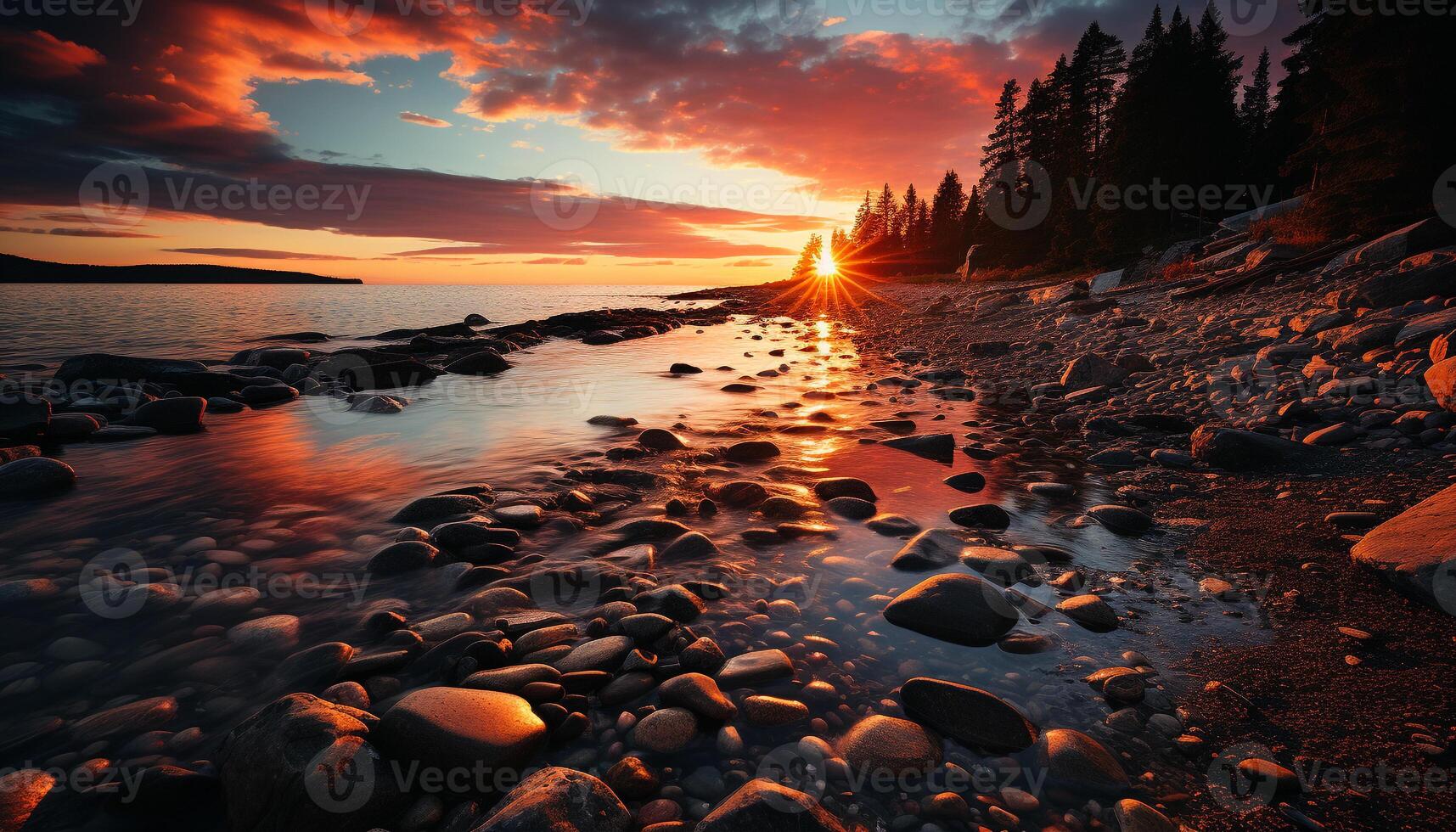 Tranquil sunset over water, nature beauty reflects in serene dusk generated by AI photo