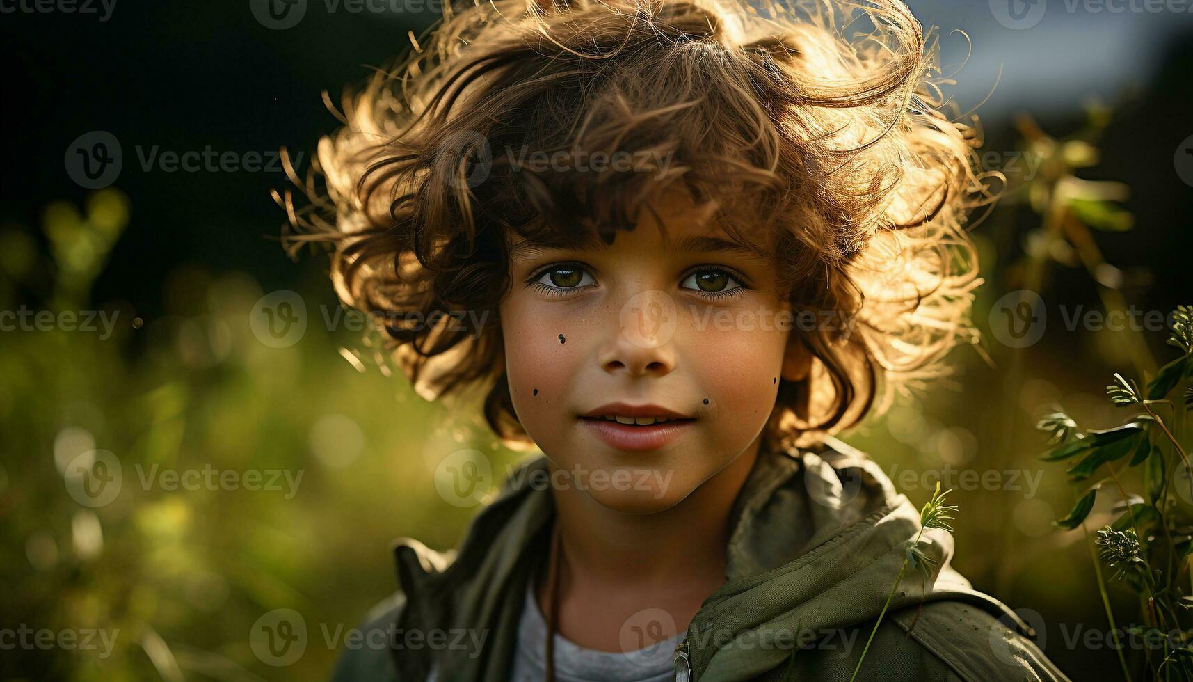 Smiling boy in nature, enjoying carefree summer adventure outdoors generated by AI photo