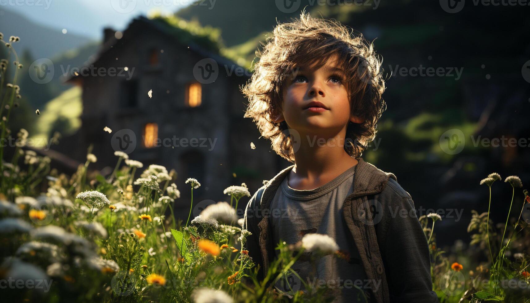 Smiling child plays in beautiful meadow, enjoying nature beauty generated by AI photo