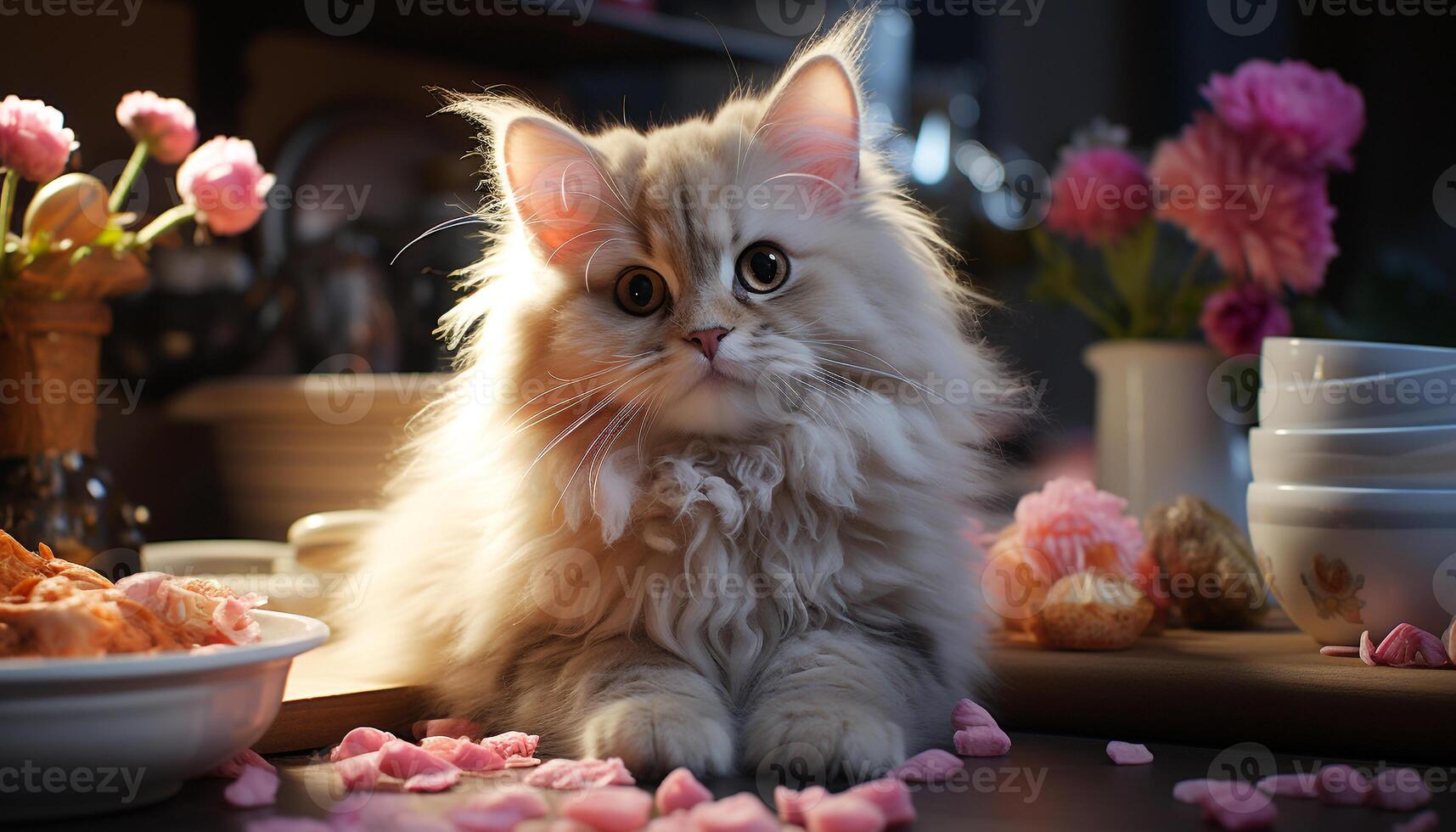 Cute kitten sitting on table, looking at camera, eating food generated by AI photo