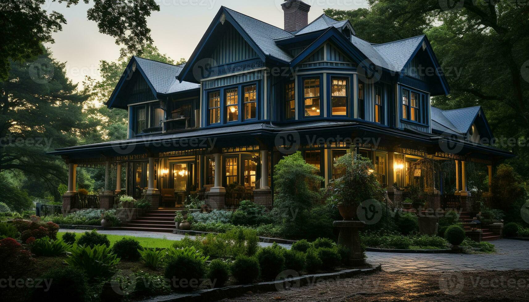 Luxury cottage, modern design, illuminated by lanterns, surrounded by nature generated by AI photo