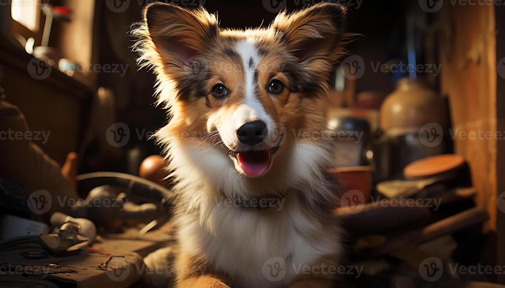 Cute puppy sitting outdoors, looking at camera with playful nature generated by AI photo