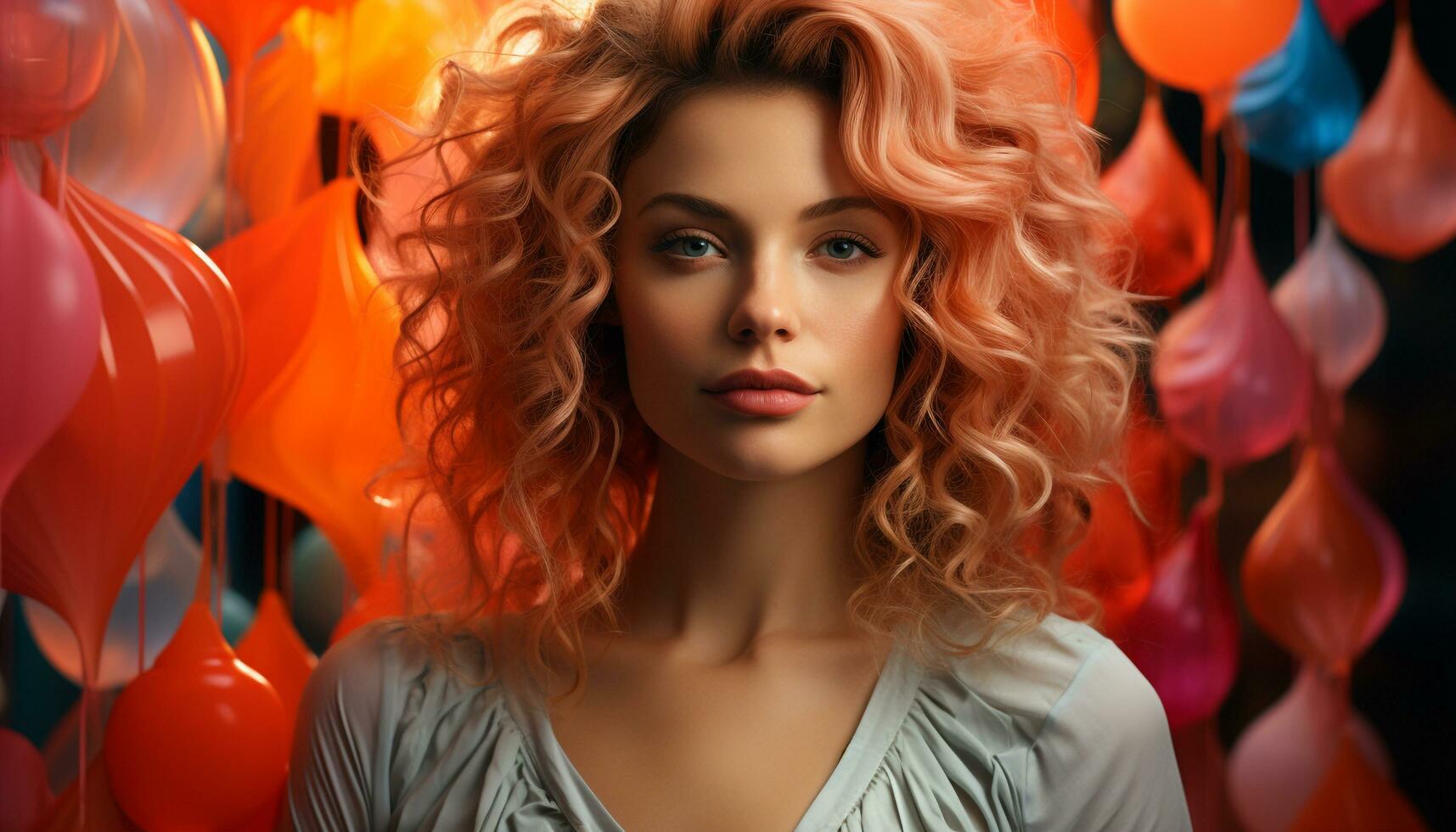 Beautiful woman with curly hair looking at camera, radiating elegance generated by AI photo