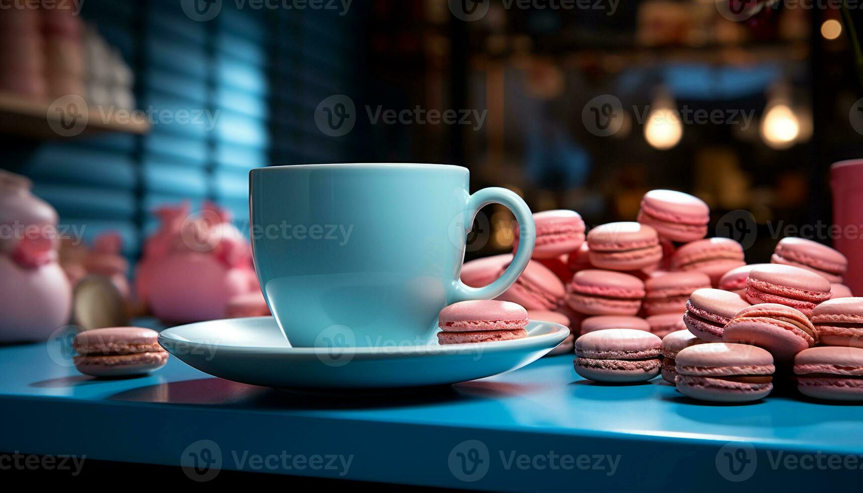 recién horneado macarrones y café en un de madera mesa generado por ai foto