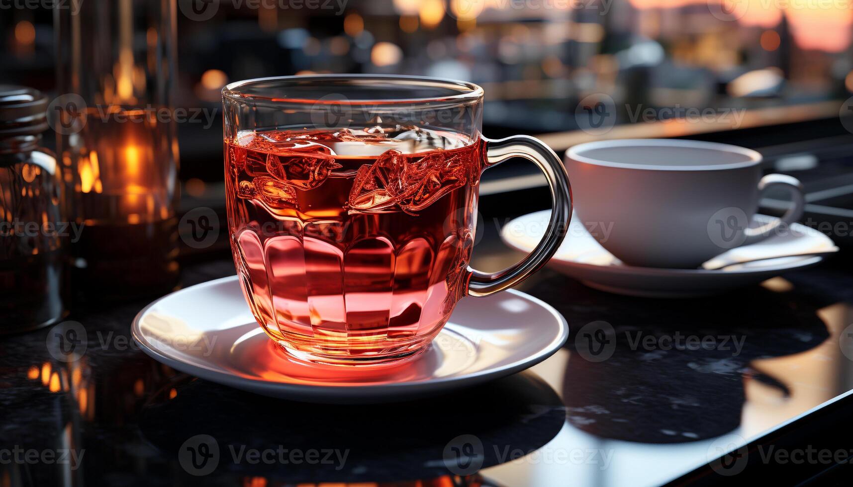 Coffee cup on table, steam rises, a moment of relaxation generated by AI photo