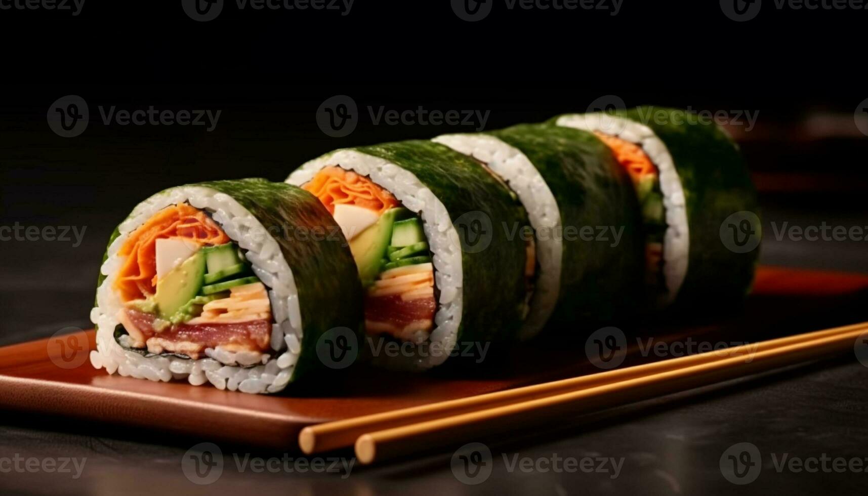 Freshness rolled up on a plate, gourmet seafood meal with avocado and rice generated by AI photo